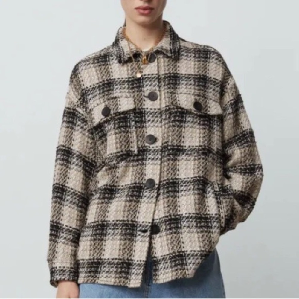 Zara Button Down Wool Blend Tweed Textured Plaid Oversized Shirt Shacket SZ M